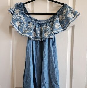 Rebecca Minkoff Dress Small Soft Jean Pockets Off Shoulder Embrodery Sleeveless